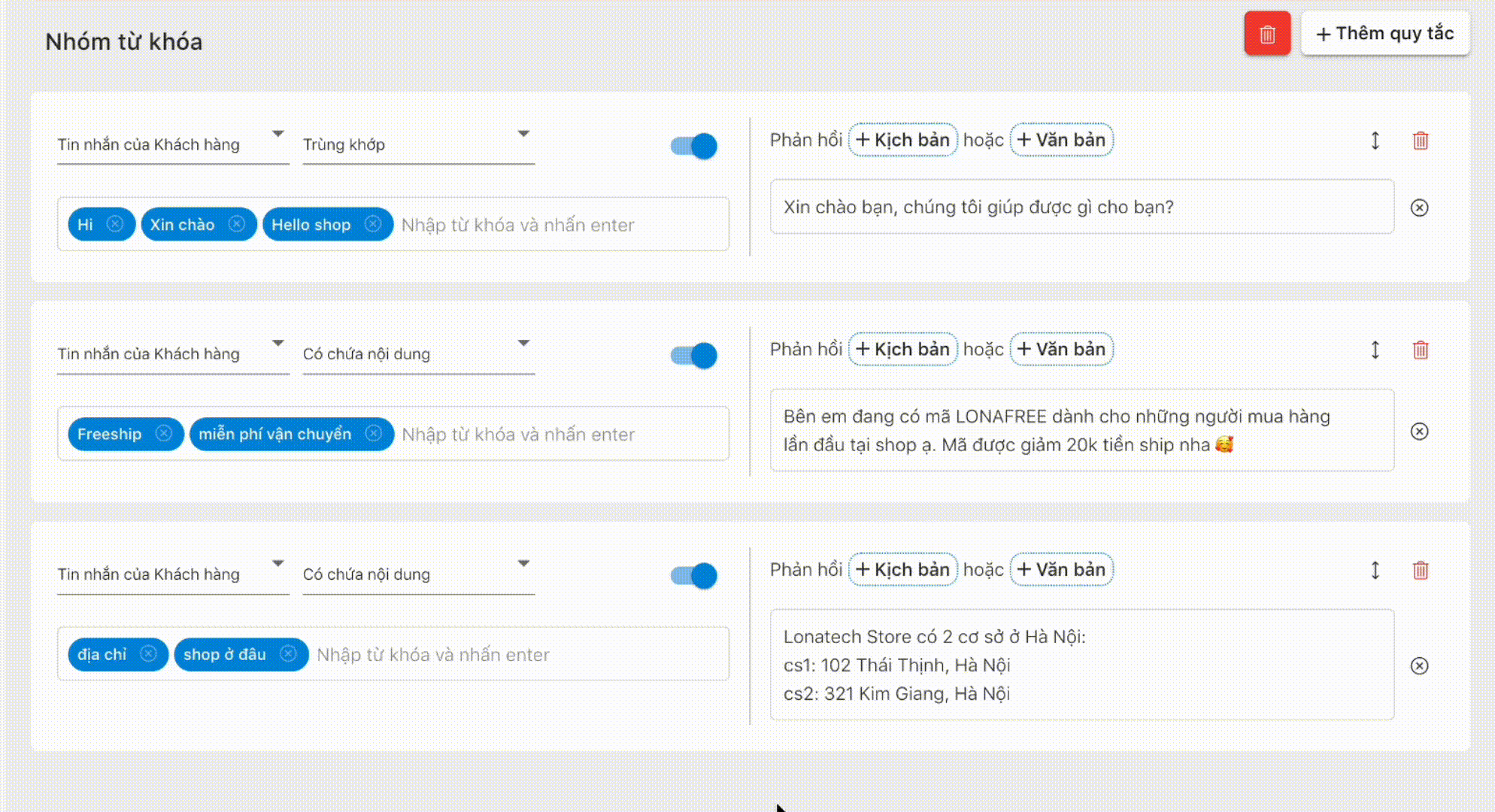 chatbot trả lời theo từ khoá
